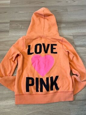 Y2K Love Pink Zip-Up Hoodie - Orange with Pink Heart